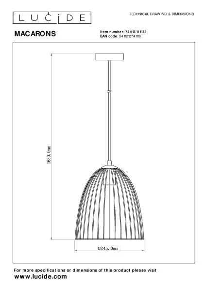 Lucide MACARONS - Pendelleuchten - Ø 24,5 cm - 1xE27 - Grün - TECHNISCH